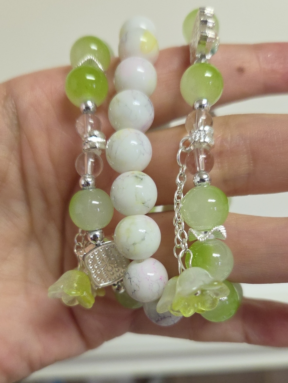 3 Green & White Beaded Charm Bracelet - Women Jewelry
